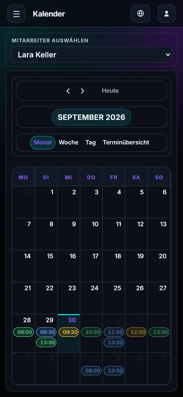 Facilon sur un téléphone : calendrier mensuel avec les interventions d’une employée
