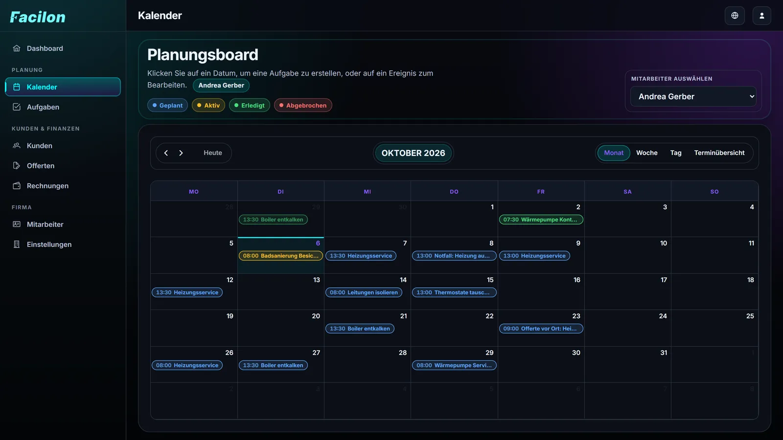 Planungsboard von Facilon im Monat Oktober 2026 mit den Einsätzen des Teams